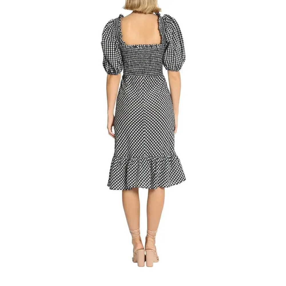Ganni Gingham Check Seersucker Square Neck Puff Sleeve Dress Black White 12/44